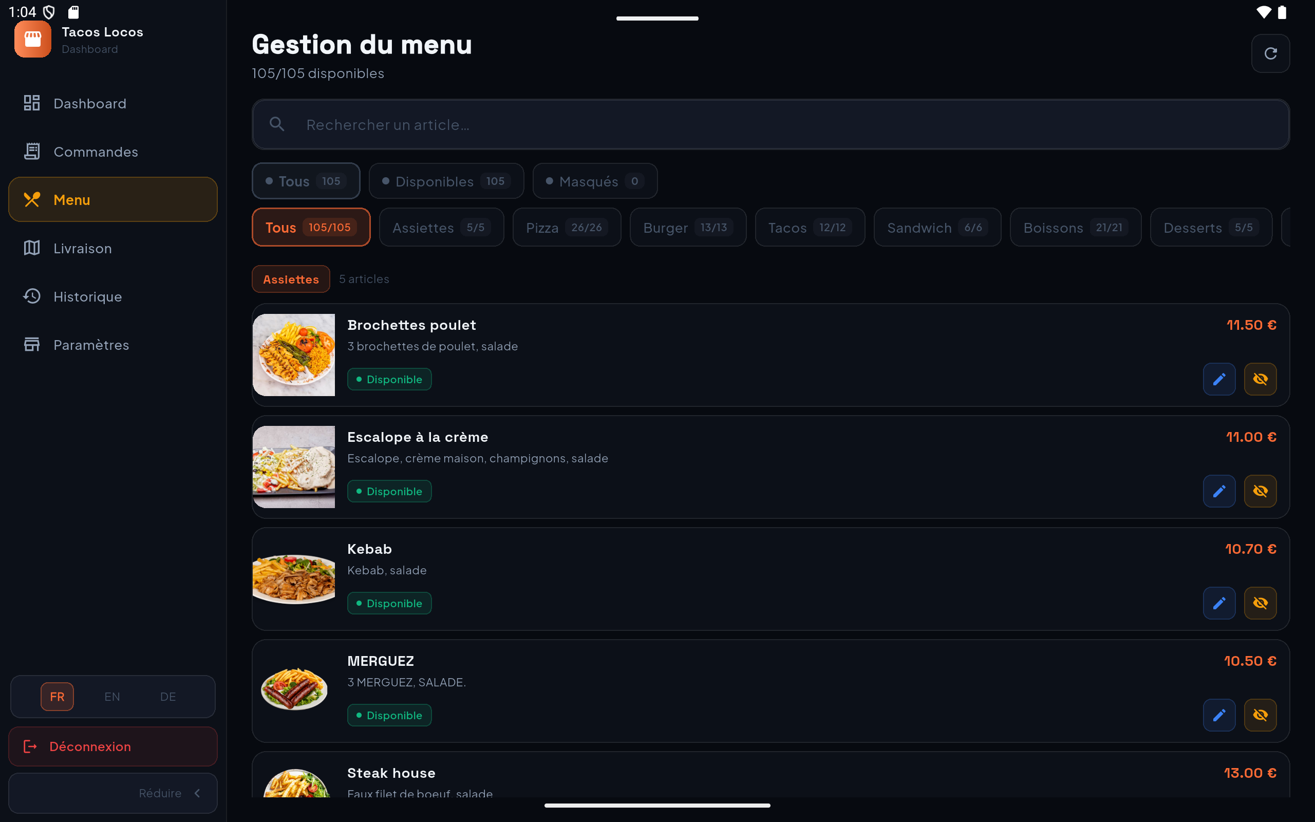 Gestion du menu